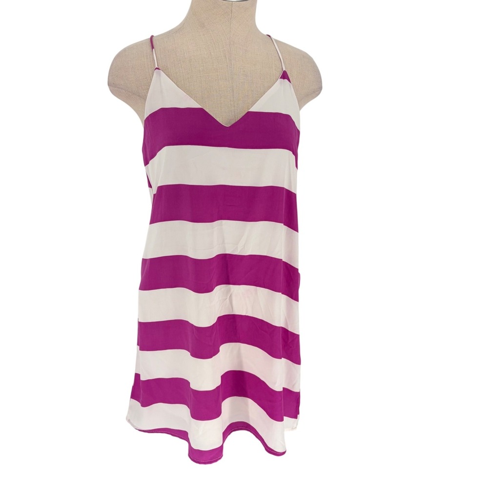 Style Rack Striped Slip Dress Small Magenta White V-Neck T-Back Mini Made in USA